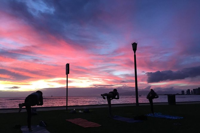 Beach Yoga on Waikiki with Diamondhead Backdrop - Yoga with Diamond Head in view