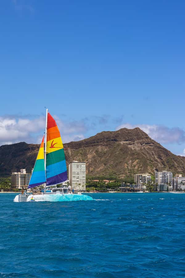 Board from Waikiki Beach for our Aloha Hour Sail - Sailing along Waikiki toward Leahi